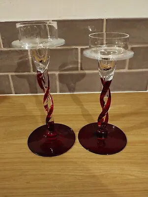 Buy Vintage Two Ruby Red Swirl Pattern Glass Candle Sticks. Vgc. • 32.99£