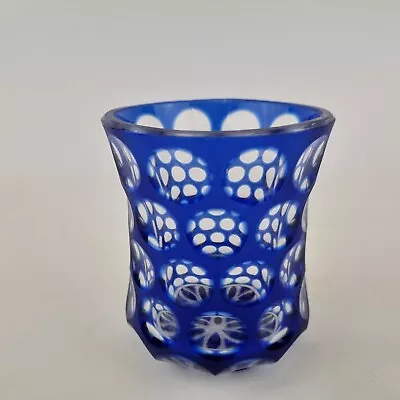 Buy Antique Glass Beaker Blue Flash Cut Circles 9.5cm High • 49£