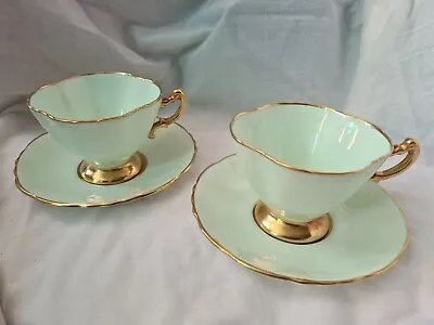 Buy Hammersley Demitasse Fluted Green Gold Cups And Saucers X 2 • 49.99£