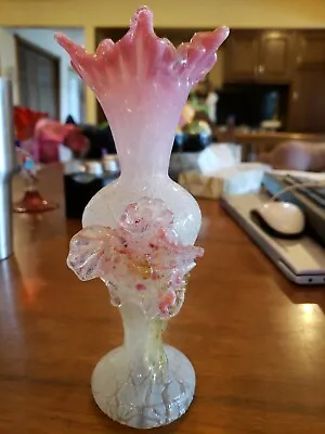 Buy Antique Art Glass Pink Crackle Finish Floral Vase. Pristine. • 65.68£