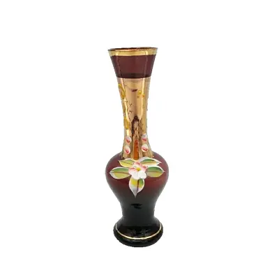 Buy Vintage Amethyst Purple Glass Vase Hand Painted With 3d Enamel Flowers And 24K • 10£
