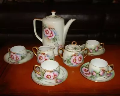 Buy Unmarked Bavaria Hand Painted Coffee Tea Set, Pot, Sugar, Creamer &4 Cups, Roses • 169.82£