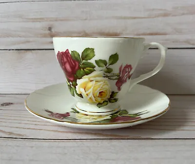 Buy Duchess Fine Bone China Teacup & Saucer Red Burgundy And Yellow Roses - England • 16.21£