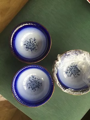 Buy Mayfair Staffordshire Pottery Antique Blue Floral Footed 4 Dessert Bowls Bronze • 15£