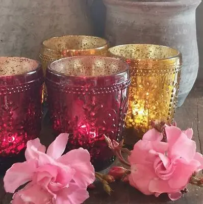 Buy Rustic Ruby Red Antique Textured Glass Tea Light Candle Holder, Bolly 10x8cm • 10£