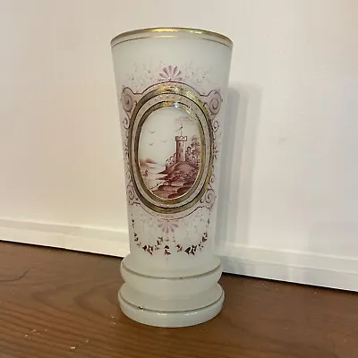 Buy Antique Opaline White Glass Vase Hand Painted Purple Castle Landscape Scene • 47.95£