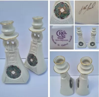 Buy CRE Irish Porcelain Pair Of Beige Gilt Rim Candlestick Holders - Galway Ireland • 18.99£