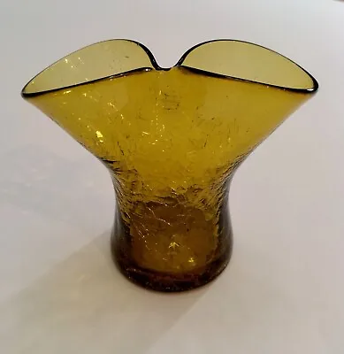 Buy Vintage Blenko Crackle Glass Pinched Top Double Neck Vase Deep Amber 4” • 23.61£
