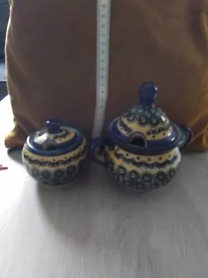 Buy Two Boleslawiec Polish Pottery Peacock Bumble Bee Pattern Sugar Bowls • 12£