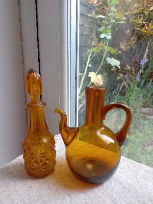 Buy Vintage Amber Glass Vinegar Oil Decanters Pourers Jug Cruet Holders 13cm H • 13.95£