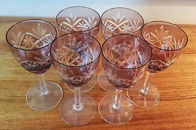 Buy Six Vintage Bohemian Cut To Clear Aubergine Purple Sherry Wine Glasses • 30£