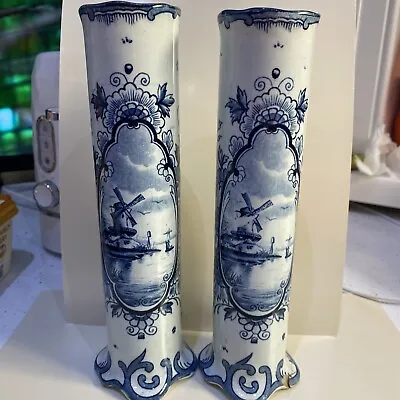 Buy Pair Of Antique Delft  Spill Vases Blue & White Netherlands Holland • 23.99£
