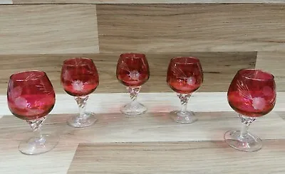 Buy 5 X Vintage Etched Cranberry Glass Port / Sherry Glasses On Clear Twisted Stems • 18.99£