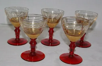 Buy 5 Ruby & Gold Art Deco Liqueur Cocktail Glasses Hand Made Crystal • 40£