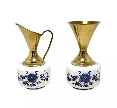 Buy VTG Pair Delftware Vase White Blue Ceramic Brass Top Made Holland #2212 #2204 • 24.94£