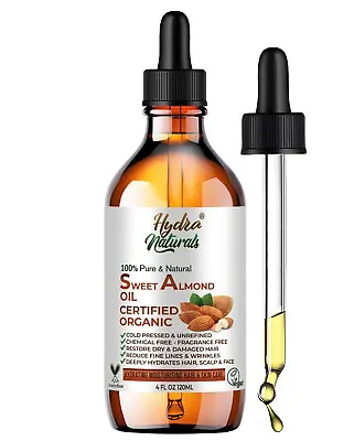 Buy Sweet Almond Oil Certified Organic Cold Pressed For Face Dry Skin Damaged Hair  • 8.99£