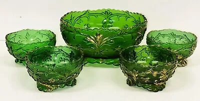 Buy Late 1800s Antique Emerald Green EAPG Footed Berry Serving Bowl Set W/ Gold Trim • 47.28£