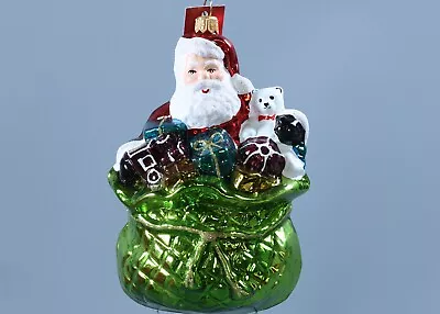 Buy GLASSWARE ART STUDIO SANTA IN GREEN TOY BAG Glass Ornament 6  • 24.09£