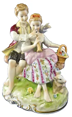 Buy Vintage Unterweissbach Dresden Porcelain Figurine. Courting Couple. Flute & Lamb • 42.50£