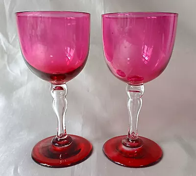 Buy A Pair Of Cranberry Overlay Bowl & Foot On Clear Hollow Stem Wine Glasses E20thC • 48£