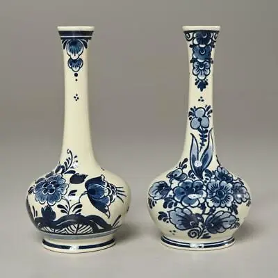 Buy Pair Of (2) Royal Goedewaagen Delftware Blue Floral Bud Vases, 6  Tall • 37.85£