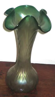 Buy Austrian Large Ribbed Iridescent Green Vase Art Nouveau  • 125£