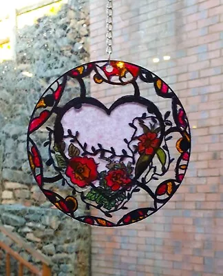 Buy Stained Glass Effect Sun Catcher, Floral Heart, 10cm Wide, Handmade Unique.  • 4.89£