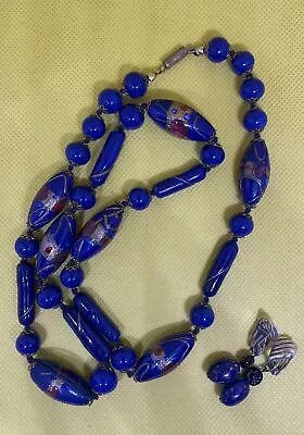 Buy Vintage Lampwork Venetian Cobalt Blue Glass Bead Necklace & Clip Earrings • 71.93£