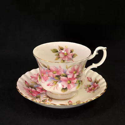 Buy Royal Albert Wild Rose Footed Cup & Saucer Montrose Shape W/Gold 1960-1970's MCM • 42.18£