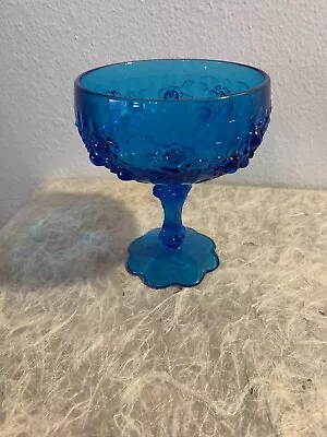 Buy VINTAGE FENTON BLUE BLUE GLASS PEDESTAL BOWL FLORAL EMBOSSED No Mark EUC • 23.97£