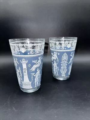 Buy Jeannette Grecian Wedgwood Blue Jasperware 12oz Glass Tumblers 2 Pc Hellenic • 24.98£