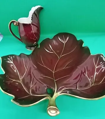 Buy Carlton Ware Rouge Royale Leaf Plate Hand Painted Dark Red & Gold And Creamer • 45£