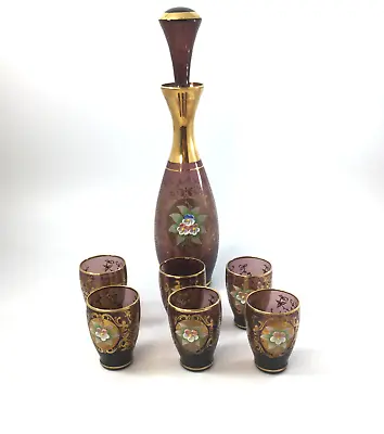 Buy Vintage Venetian Amethyst  Glass Decanter Stopper 6 Shot Glasses Gold 3D Flowers • 92.65£