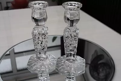Buy Heavy Pair Cut Glass Crystal Pressed Glass Tall Candlesticks Candle Holders Deco • 15£