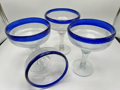 Buy Set Of 4 Mexican Glassware  Hand Blown Cobalt Blue Rim Margarita Glasses 7x5” • 28.49£