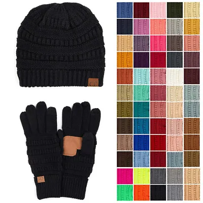Buy C.C 2pc Unisex Solid Fleece Fuzzy Lining Ribbed Cable Knit Beanie And Gloves Set • 28.92£