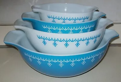 Buy Vtg Pyrex Glass Snowflake Blue Garland Cinderella Nesting Mixing Bowls Set Of 4 • 188.99£