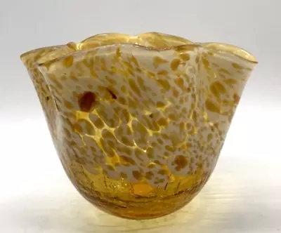 Buy Art Glass Amber Crackle Ruffle Top W/ White Spots Vase 4 1/4  Tall 5 1/2  Wide • 19.04£