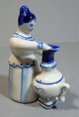 Buy Vintage Gzhel Russian Blue & White Hand Made Porcelain Female Figure 3.5  Tall • 22.99£