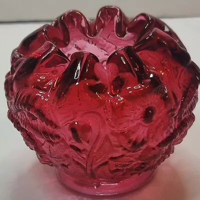 Buy Vintage  Art Glass  FENTON Cranberry Poppy Flower Rose Bowl Vase W/ Ruffled Edge • 20.75£
