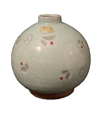 Buy Vintage Celadon Korean Art Pottery Green Crackle Glaze Vase 4”-H Mark Label • 73.97£