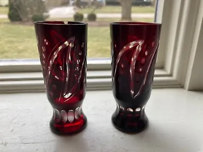 Buy Vintage Ruby Red Cut Glasses- Bohemian Style- Set Of 2 • 14.39£
