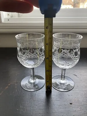 Buy Set Of 2 Antique Etched & Cut Wine Glasses - Floral Pall Mall Style Tulip Shaped • 20£