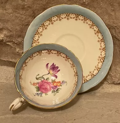 Buy Aynsley England Fine English Bone China Teacup And Saucer Rose Blue W/ Gold Trim • 70.01£