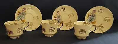 Buy 3 Royal Stafford Bone China Silver Wedding Tea Cups & Saucers • 7.50£