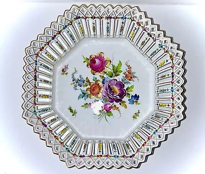 Buy Carl Thieme Dresden Porcelain Bowl Reticulated Octagon Meissen Flowers Germany • 213.46£