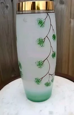 Buy Vintage Midcentury Glass Vase Green White Gold Rim Oriental Style Design Romania • 18.99£