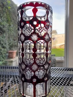 Buy Big Stunning Ruby Flashed Facet Cut To Clear Tall Vase Lovely Piece. • 24.95£