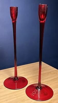 Buy Candlestick Holders Pair - Red Glass - Hand Blown - 30cm • 14.99£