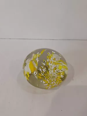 Buy Vintage Art Glass Yellow & White Paperweight W/Controlled Bubbles In Flowers • 20.87£